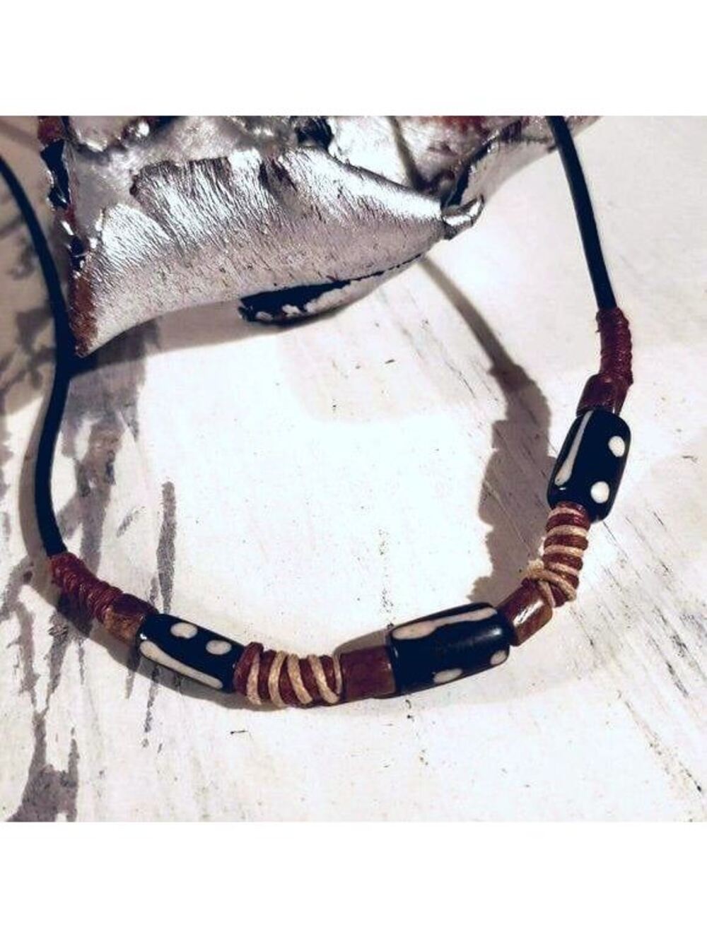 India Tribal Bone Leather Necklace Brown Black
